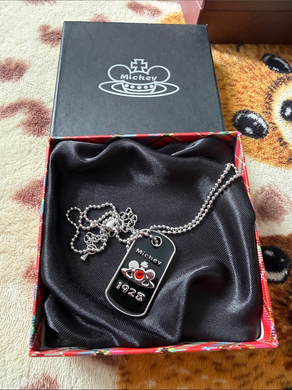 Black and Silver Dog Tag Necklace with Red Accent